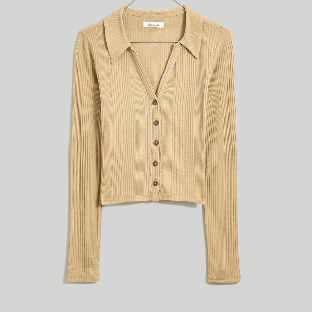 NWT green Madewell rib V-Neck crop button down long sleeve variegated polo shirt